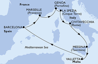 Španělsko, Francie, Itálie, Malta z Barcelony na lodi MSC World Europa