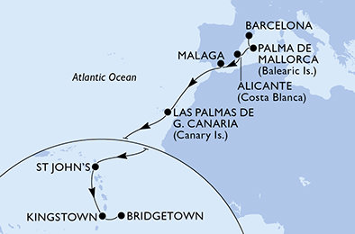Španělsko, Antigua a Barbuda, Svatý Vincenc a Grenadiny, Barbados z Barcelony na lodi MSC World Asia