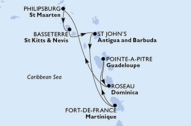 Martinik, Guadeloupe, Dominika, Svatý Martin, Svatý Kryštof a Nevis, Antigua a Barbuda z Fort-de-France na lodi MSC World Asia