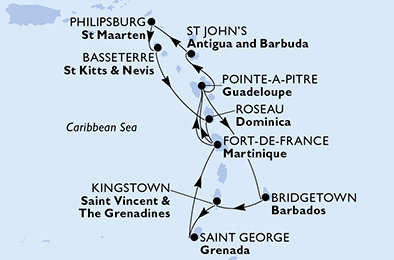 Barbados, Svatý Vincenc a Grenadiny, Grenada, Martinik, Guadeloupe, Antigua a Barbuda, Svatý Martin, Svatý Kryštof a Nevis, Dominika z Bridgetownu na lodi MSC World Asia