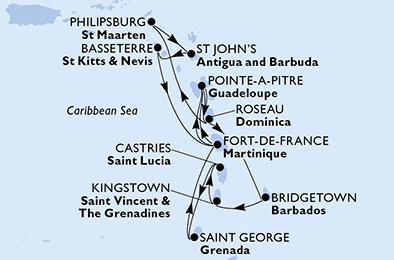 Barbados, Svatý Vincenc a Grenadiny, Svatá Lucie, Grenada, Martinik, Guadeloupe, Dominika, Svatý Martin, Antigua a Barbuda, Svatý Kryštof a Nevis z Bridgetownu na lodi MSC World Asia