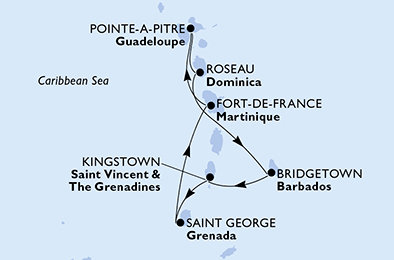 Guadeloupe, Dominika, Barbados, Svatý Vincenc a Grenadiny, Grenada, Martinik z Pointe-à-Pitre na lodi MSC World Asia