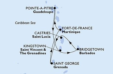 Guadeloupe, Svatý Vincenc a Grenadiny, Barbados, Svatá Lucie, Grenada, Martinik z Pointe-à-Pitre na lodi MSC World Asia
