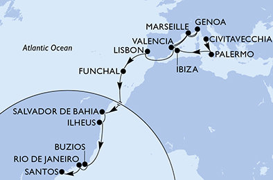 Itálie, Španělsko, Francie, Portugalsko, Brazílie z Civitavecchia na lodi MSC Musica