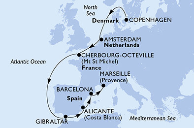 Dánsko, Nizozemsko, Francie, Velká Británie, Španělsko z Kodaně na lodi MSC Euribia