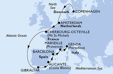 Dánsko, Nizozemsko, Francie, Velká Británie, Španělsko, Itálie z Kodaně na lodi MSC Euribia