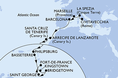 Itálie, Francie, Španělsko, Svatý Martin, Svatý Kryštof a Nevis, Svatý Vincenc a Grenadiny, Barbados, Grenada, Martinik z Civitavecchia na lodi MSC World Europa