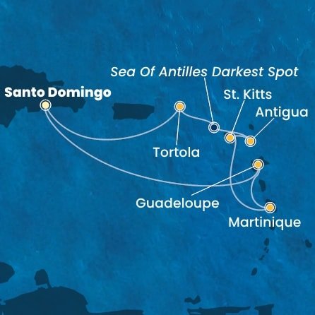Dominikánská republika, Guadeloupe, Martinik, Svatý Kryštof a Nevis, Antigua a Barbuda, Britské Panenské ostrovy ze Santo Dominga na lodi Costa Favolosa