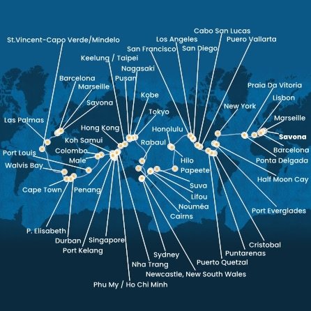 Itálie, Francie, Španělsko, Portugalsko, USA, Bahamy, Panama, Kostarika, Guatemala, Mexiko, Francouzská Polynésie, Fidži, Nová Kaledonie, Austrálie, Papua Nová Guinea, Japonsko, Jižní Korea, Tchaj-wan, Čína, Vietnam, Thajsko, Singapur, Malajsie, Srí Lanka, Maledivy, Mauricius, Jihoafrická republika, Namibie, Kapverdy ze Savony na lodi Costa Deliziosa