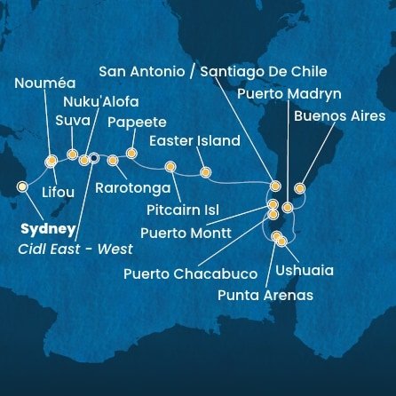 Austrálie, Nová Kaledonie, Fidži, Tonga, , Cookovy ostrovy, Francouzská Polynésie, Zámořské území Velké Británie, Chile, Argentina ze Sydney na lodi Costa Serena