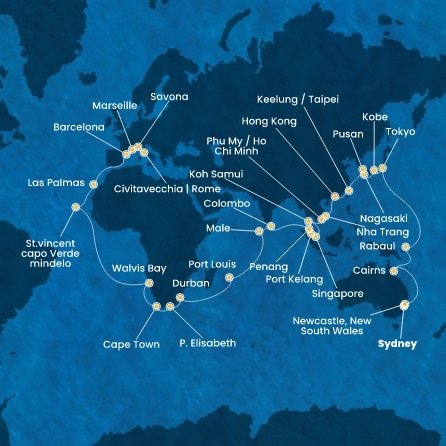 Austrálie, Papua Nová Guinea, Japonsko, Jižní Korea, Tchaj-wan, Čína, Vietnam, Thajsko, Singapur, Malajsie, Srí Lanka, Maledivy, Mauricius, Jihoafrická republika, Namibie, Kapverdy, Španělsko, Francie, Itálie ze Sydney na lodi Costa Deliziosa