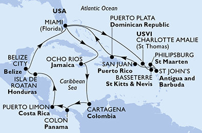 USA, Svatý Kryštof a Nevis, Svatý Martin, Antigua a Barbuda, Dominikánská republika, Jamajka, Kolumbie, Panama, Kostarika, Honduras, Belize z Miami na lodi MSC Poesia