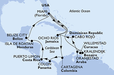 USA, Curacao, Bonaire, Aruba, Dominikánská republika, Jamajka, Kolumbie, Panama, Kostarika, Honduras, Belize z Miami na lodi MSC Poesia
