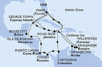 USA, Kajmanské ostrovy, Jamajka, Curacao, Bonaire, Aruba, Kolumbie, Panama, Kostarika, Honduras, Belize z Miami na lodi MSC Poesia