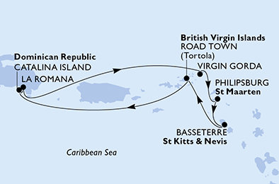 Dominikánská republika, Zámořské území Velké Británie, Svatý Martin, Svatý Kryštof a Nevis, Britské Panenské ostrovy z La Romany na lodi MSC Opera