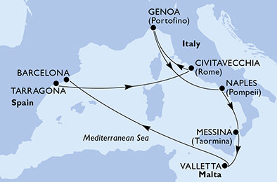 Španělsko, Itálie, Malta z Tarragony na lodi MSC Magnifica