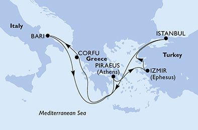 Řecko, Itálie, Turecko z Korfu na lodi MSC Lirica