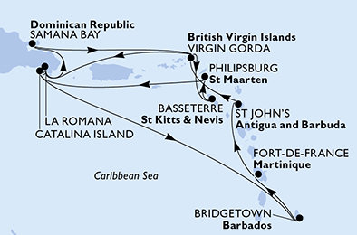 Dominikánská republika, Barbados, Martinik, Antigua a Barbuda, Zámořské území Velké Británie, Svatý Kryštof a Nevis, Svatý Martin z La Romany na lodi MSC Opera