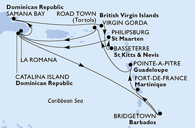 Dominikánská republika, Barbados, Martinik, Guadeloupe, Britské Panenské ostrovy, Zámořské území Velké Británie, Svatý Kryštof a Nevis, Svatý Martin z La Romany na lodi MSC Opera
