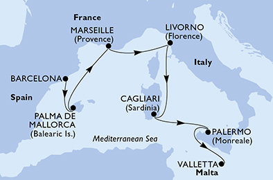 Španělsko, Francie, Itálie, Malta z Barcelony na lodi MSC Splendida