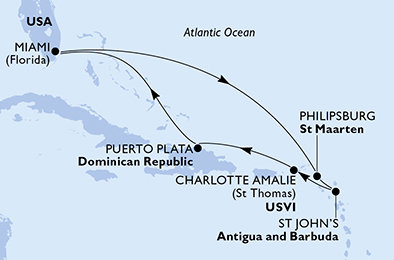 USA, Svatý Martin, Antigua a Barbuda, Dominikánská republika z Miami na lodi MSC Meraviglia