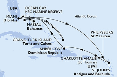 USA, Svatý Martin, Antigua a Barbuda, Dominikánská republika, Zámořské území Velké Británie, Bahamy z Miami na lodi MSC Meraviglia