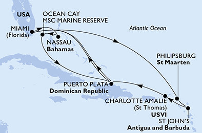 USA, Svatý Martin, Antigua a Barbuda, Dominikánská republika, Bahamy z Miami na lodi MSC Meraviglia