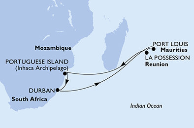 Jihoafrická republika, Mauricius, Reunion, Mosambik z Durbanu na lodi MSC Armonia
