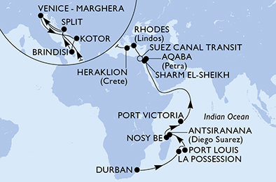 Jihoafrická republika, Reunion, Mauricius, Madagaskar, Seychely, Jordánsko, Egypt, Řecko, Chorvatsko, Itálie, Černá Hora z Durbanu na lodi MSC Armonia
