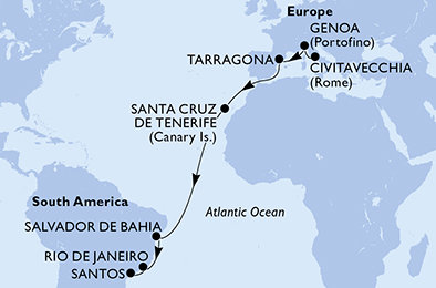 Itálie, Španělsko, Brazílie z Civitavecchia na lodi MSC Divina
