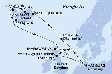 Německo, Velká Británie, Island z Hamburku na lodi MSC Preziosa