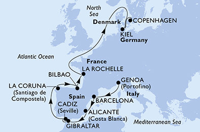 Itálie, Španělsko, Velká Británie, Francie, Německo, Dánsko z Janova na lodi MSC Euribia