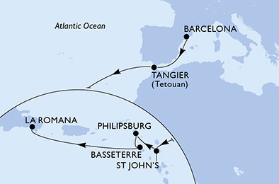 Španělsko, Maroko, Antigua a Barbuda, Svatý Martin, Svatý Kryštof a Nevis, Dominikánská republika z Barcelony na lodi MSC Opera
