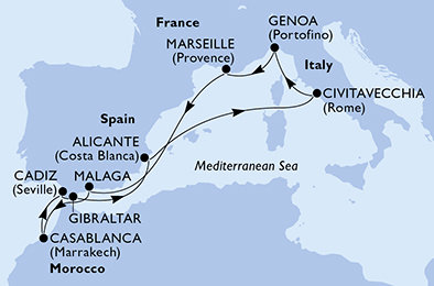 Španělsko, Maroko, Velká Británie, Itálie, Francie z Málagy na lodi MSC Sinfonia
