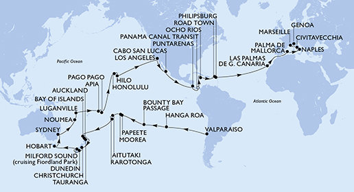 Chile, Zámořské území Velké Británie, Francouzská Polynésie, Cookovy ostrovy, Nový Zéland, Austrálie, Nová Kaledonie, Vanuatu, Samoa, Americká Samoa, USA, Mexiko, Kostarika, Panama, Jamajka, Britské Panenské ostrovy, Svatý Martin, Španělsko, Itálie, Francie z Valparaisa na lodi MSC Magnifica