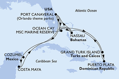USA, Bahamy, Zámořské území Velké Británie, Dominikánská republika, Mexiko z Port Canaveralu na lodi MSC World Atlantic
