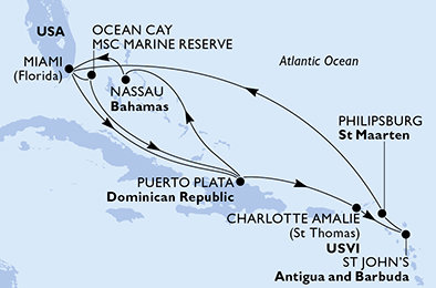 USA, Bahamy, Dominikánská republika, Antigua a Barbuda, Svatý Martin z Miami na lodi MSC Seashore