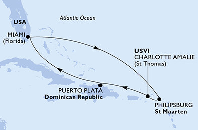 USA, Svatý Martin, Dominikánská republika z Miami na lodi MSC Seashore