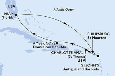 USA, Svatý Martin, Antigua a Barbuda, Dominikánská republika z Miami na lodi MSC Seashore