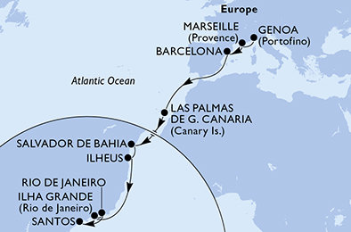 Itálie, Francie, Španělsko, Brazílie z Janova na lodi MSC Divina