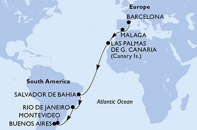 Španělsko, Brazílie, Uruguay, Argentina z Barcelony na lodi MSC Splendida