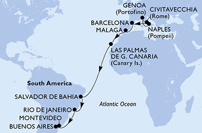 Itálie, Španělsko, Brazílie, Uruguay, Argentina z Neapole na lodi MSC Splendida