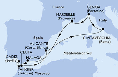 Španělsko, Maroko, Itálie, Francie z Málagy na lodi MSC Sinfonia