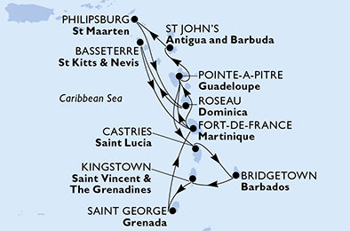 Martinik, Guadeloupe, Antigua a Barbuda, Svatý Martin, Dominika, Svatý Kryštof a Nevis, Svatá Lucie, Barbados, Svatý Vincenc a Grenadiny, Grenada z Fort-de-France na lodi MSC Meraviglia