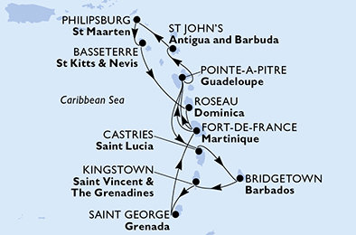 Martinik, Guadeloupe, Antigua a Barbuda, Svatý Martin, Svatý Kryštof a Nevis, Dominika, Svatá Lucie, Barbados, Svatý Vincenc a Grenadiny, Grenada z Fort-de-France na lodi MSC Meraviglia