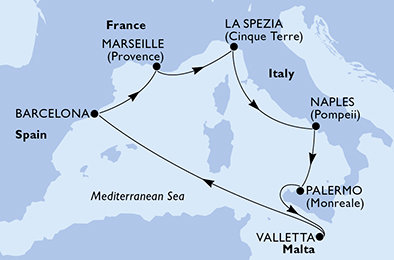 Itálie, Malta, Španělsko, Francie z Palerma na lodi MSC Seaview