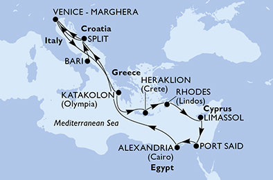 Itálie, Chorvatsko, Řecko, Kypr, Egypt z Bari na lodi MSC Lirica