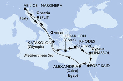 Chorvatsko, Itálie, Řecko, Kypr, Egypt ze Splitu na lodi MSC Lirica