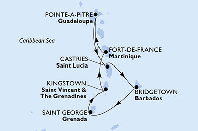 Martinik, Guadeloupe, Svatá Lucie, Barbados, Grenada, Svatý Vincenc a Grenadiny z Fort-de-France na lodi MSC World Europa