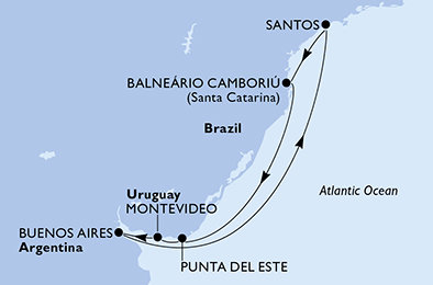 Brazílie, Uruguay, Argentina ze Santosu na lodi MSC Seaview